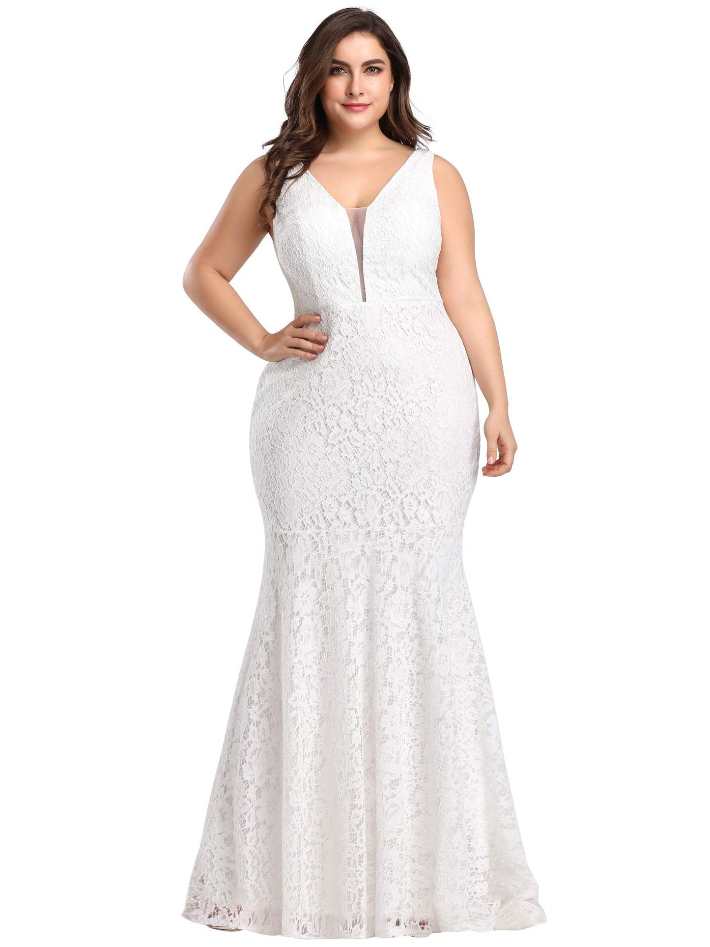 Women's Plus Size V-Neck Floral Lace Evening Party Mermaid Dress White US14 - Home Decor Gifts and More