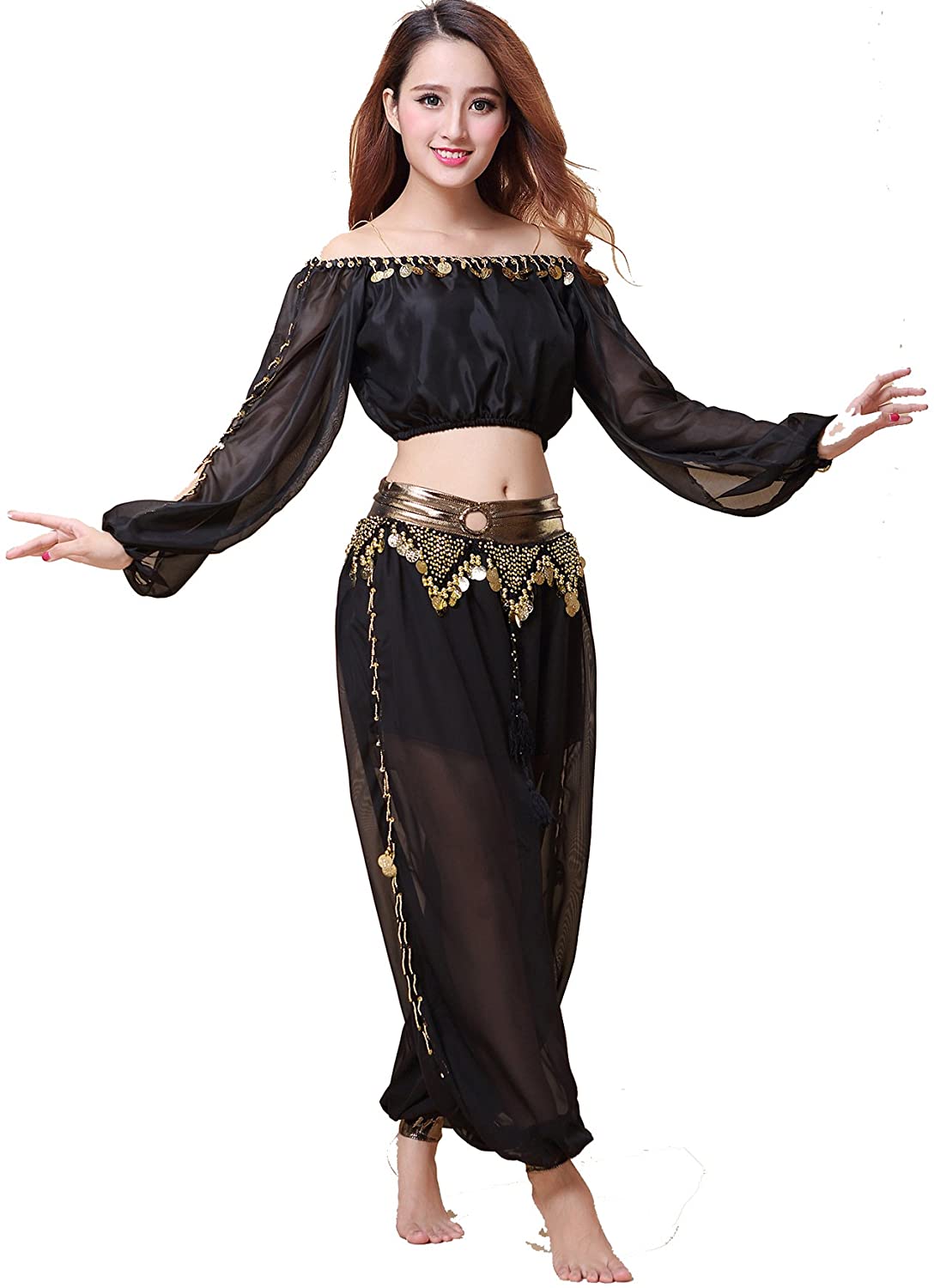 ZLTdream Belly Dance Chiffon Long Sleeves Top and Lantern Coins Pants Black, One Size | Decor Gifts and More