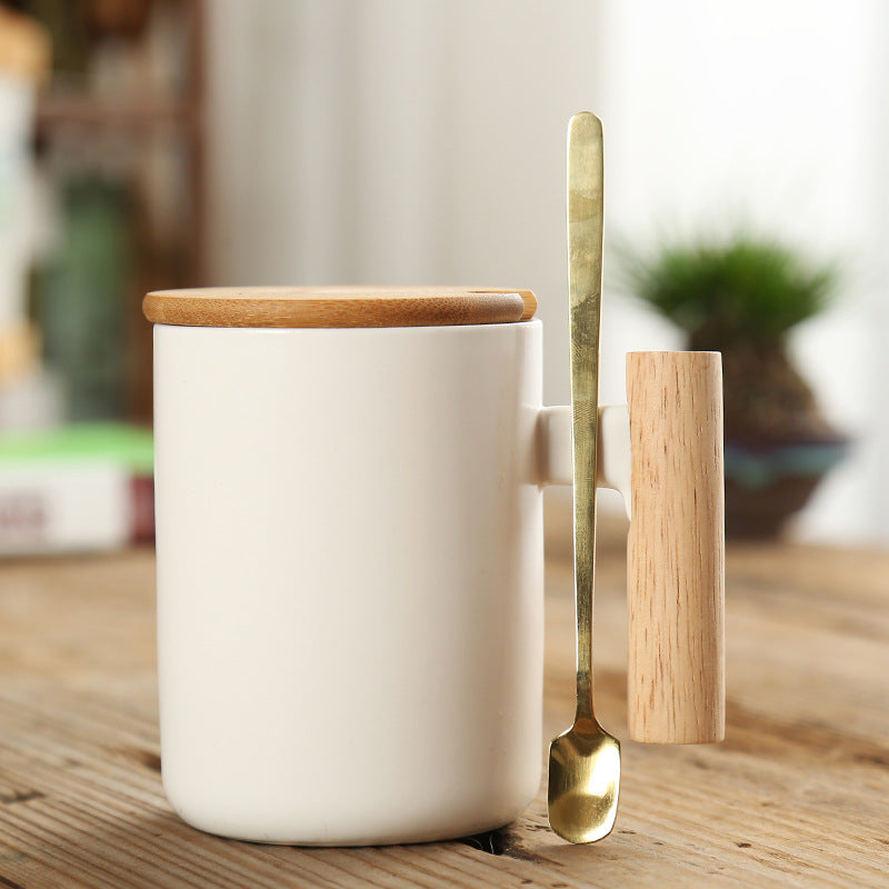 Simple Straight Ceramic Mug With Wooden Handle | Decor Gifts and More