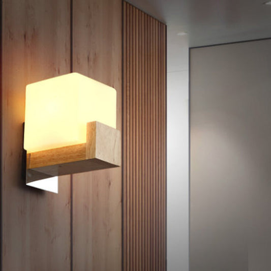 Japanese Solid Wood Art Style Square Wall Lamp White Frosted