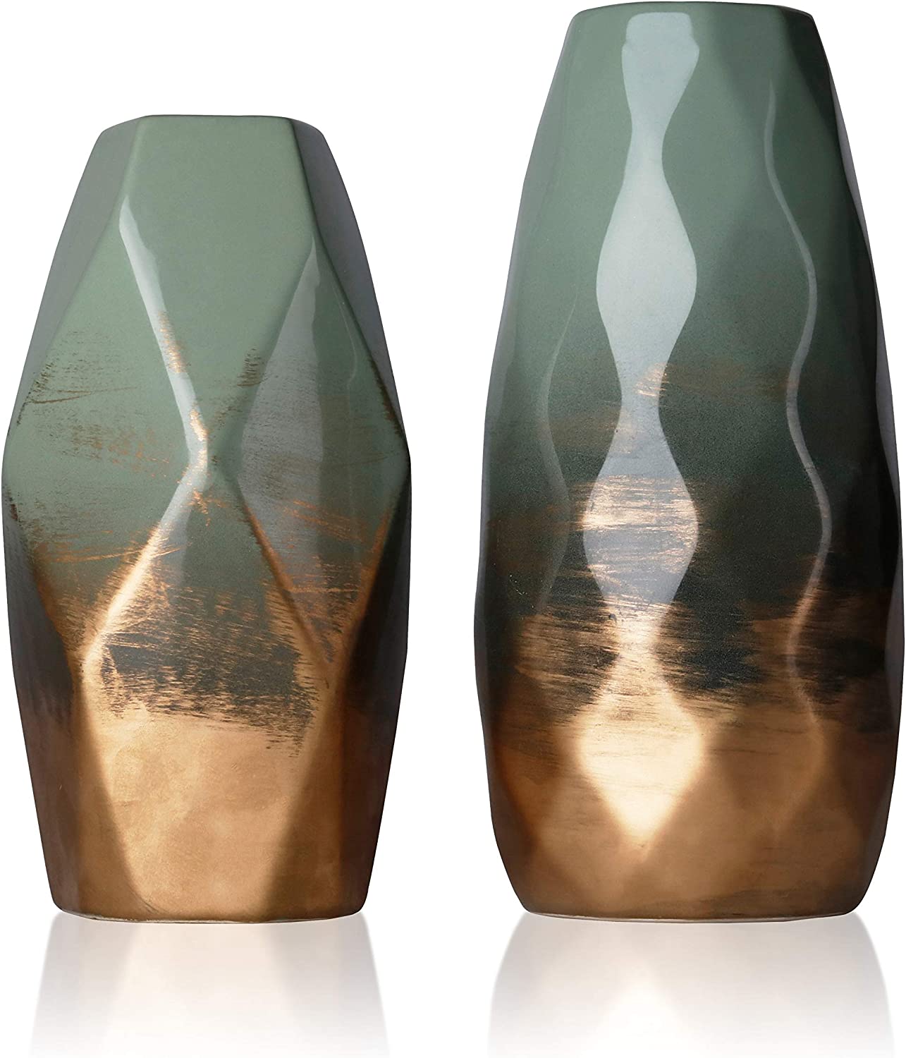 Modern Ceramic Vases Set of 2, Green and Gold Decorative Vase for Home Decor, Geometric 7.9'' &amp; 9.3'' Tall - Home Decor Gifts and More
