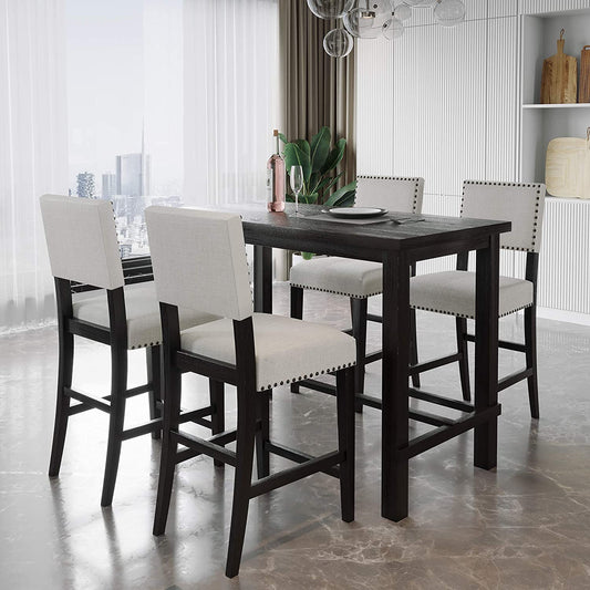 5 Piece Dining Set Kitchen Table Set Counter Height Table Set with One Rectangle Table and 4 Cushioned Chairs for 4 Persons Dining Room Table Set for Small Place | Decor Gifts and More