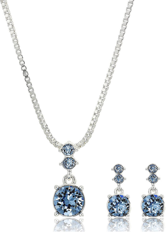 Women's Designer Gift Boxed Necklace/Pierced Earrings Set, In Polished Silver/Blue Crystal - Home Decor Gifts and More