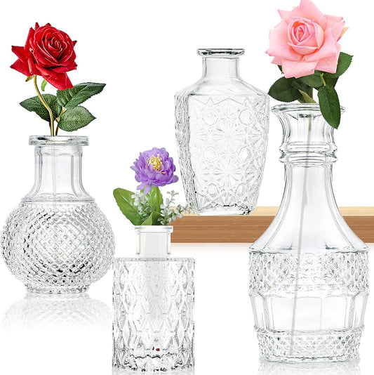 Glass Vase Set of 4 Decorative Vintage Look Flower Bud Vases Wedding Decorations Small Mini Table Floral Vase… - Home Decor Gifts and More