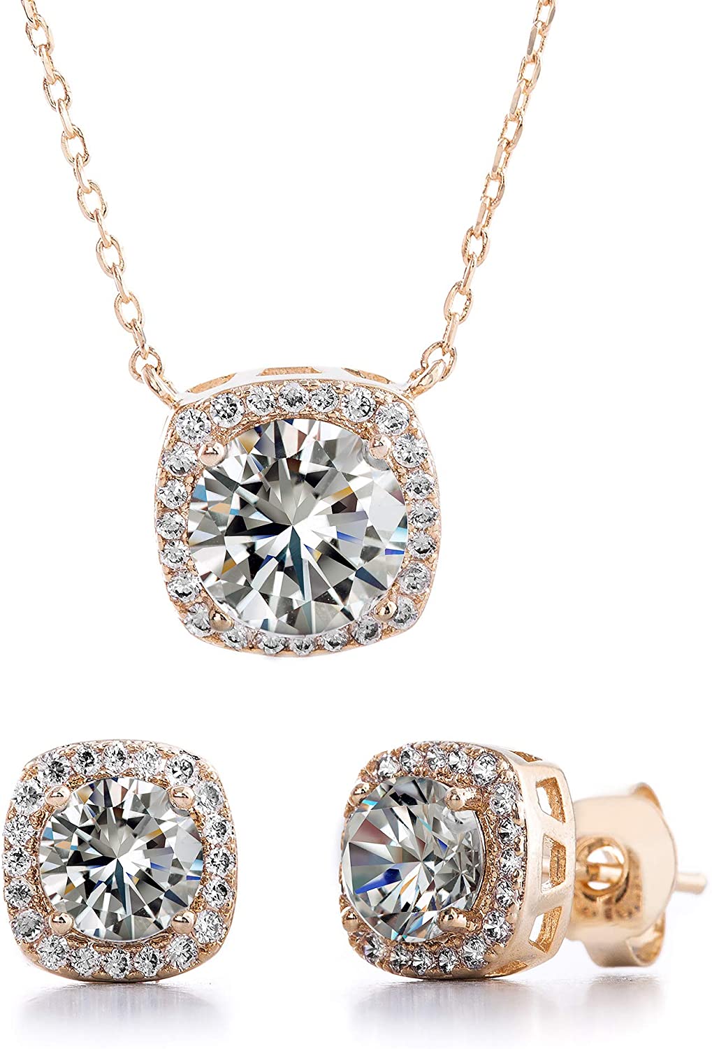 Devine Rose NY Halo Jewelry Set - Duo Crystal Halo Stud Earrings and Chain Necklace - Home Decor Gifts and More