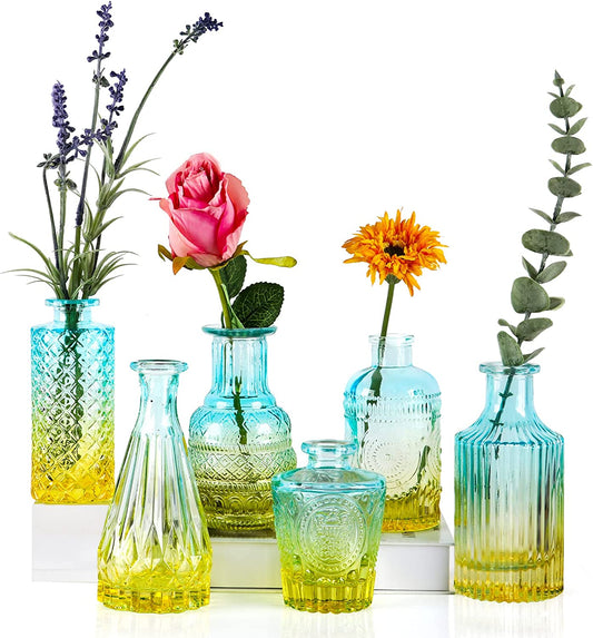 Coloful Bud Vases in Bulk,Set of 6 Gradient Color Glass Bud Vases for Centerpieces,Decorative Glass Bottles,Small Vases for Flowers,Mini Vintage Vases for Wedding Home Table Decor. - Home Decor Gifts and More