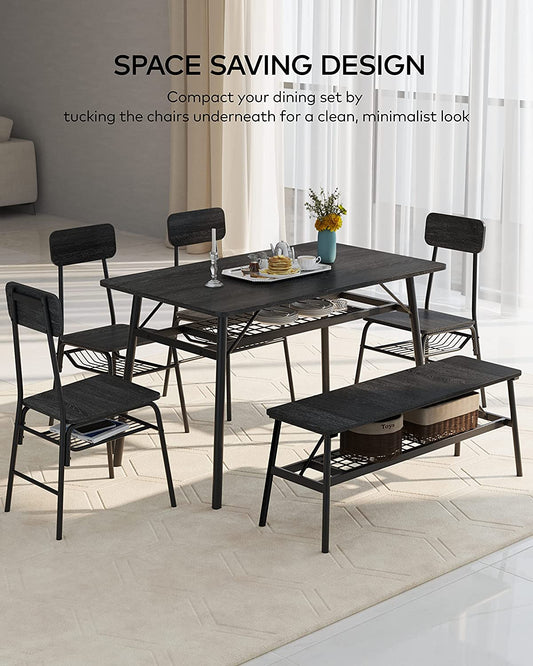 New Modern European 6 Piece Contemporary Dining Set Features Wood Rectangular Table with Storage Rack-Black - Home Decor Gifts and More