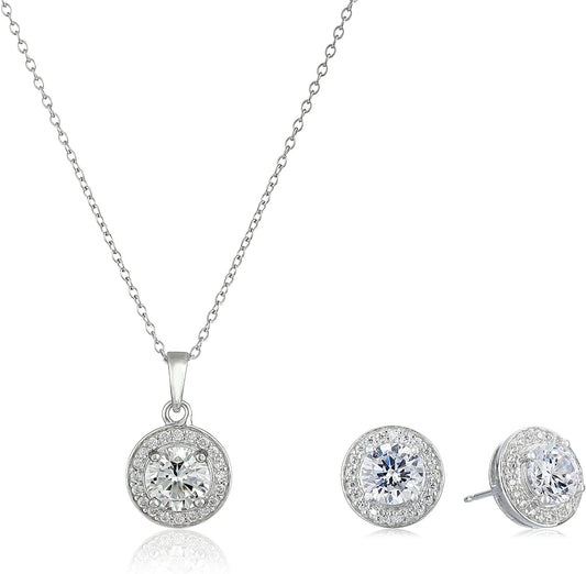 Sterling Silver Cubic Zirconia Halo Pendant Necklace and Stud Earrings Jewelry Set - Home Decor Gifts and More