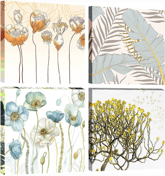 Premium Quality Modern Floral Painting Prints Set of 4 Framed Wall Decor 12"x12"x 4 - Home Decor Gifts and More