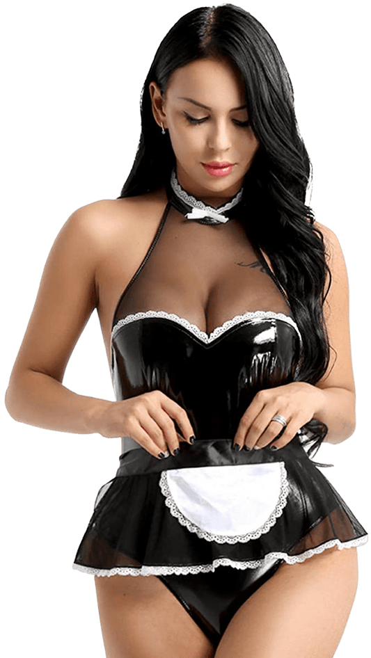 Women's Wet Look PVC Leather Halter Teddy Lingerie Frisky French Maid Costume Fancy Dress | Decor Gifts and More