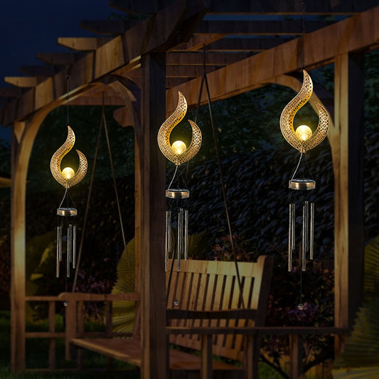 Solar Wrought Iron Wind Chime Lamp Outdoor Hollow Flame Sun Moon Lamp Garden Flame Suspension | Decor Gifts and More