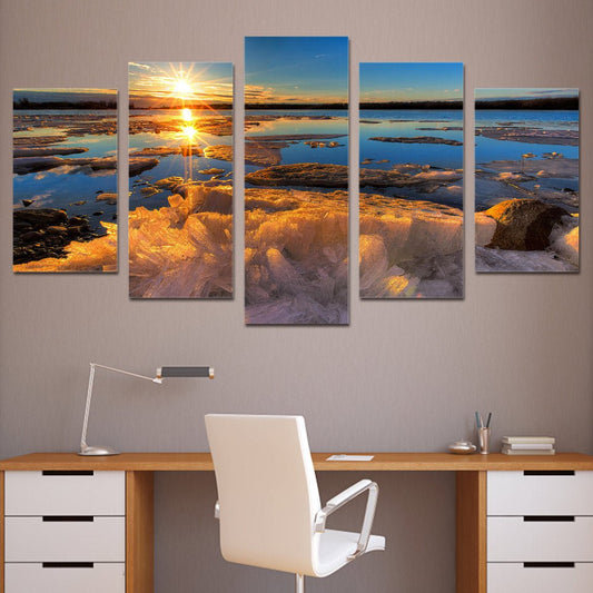 Abstract Painting Wall Framed Picture Home Decor Photo 5 Panel Ice Sea Sunset Frozen Lake Landscape HD Print Canvas - Home Decor Gifts and More