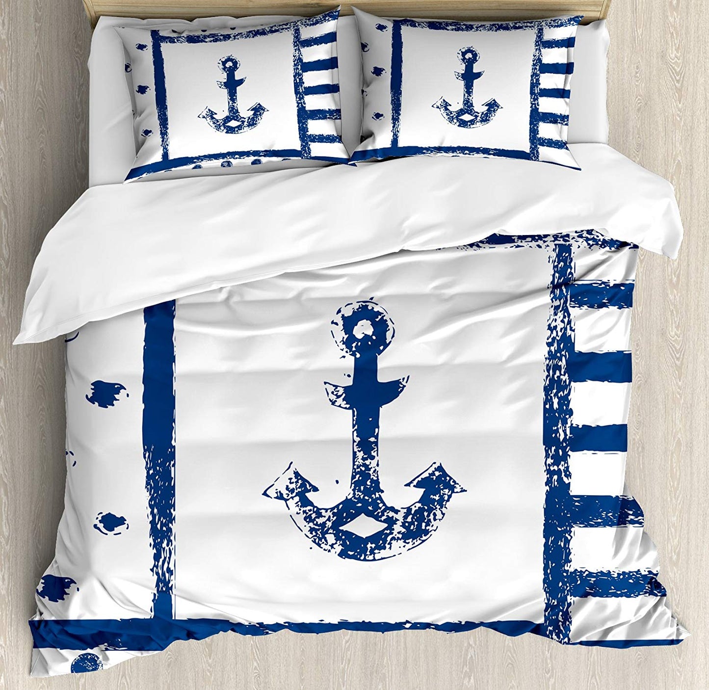 Anchor Duvet Cover Set Grunge Murky Boat Anchor Silhouette with Polka and Stripe Retro Navy Theme Art Decorative 3 Piece Bedding | Decor Gifts and More