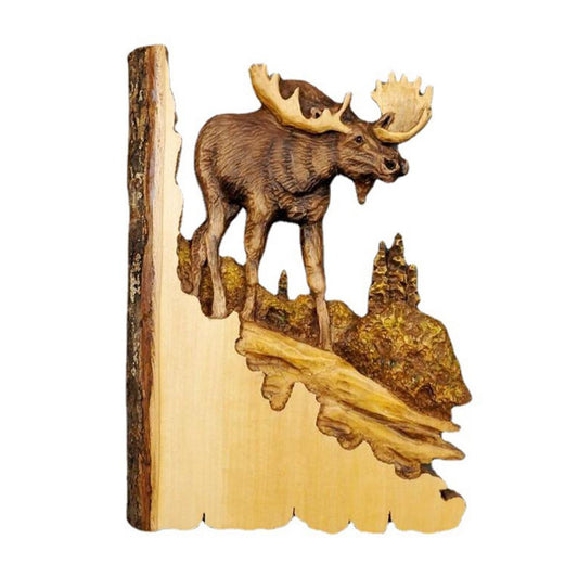 Handcrafted Wood Carved Elk Forest Landscape Cabin Decor - Home Decor Gifts and More