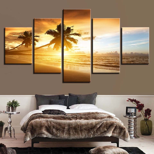 5 Piece Panel Tropical Seaview Golden Sunset Landscape Coastal Mural Set | Decor Gifts and More