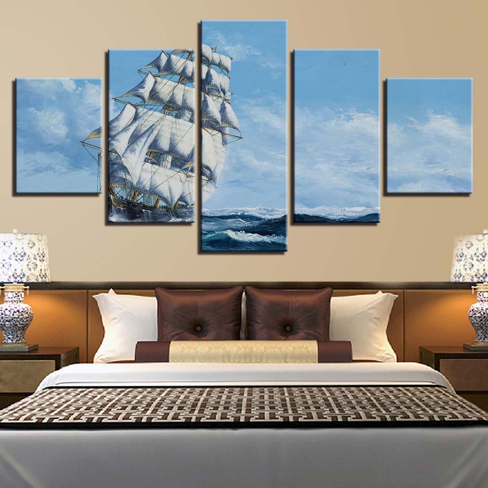 Large Blue Scenic Vintage Sailboat Ocean Landscape Nautical Seascape - Home Decor Gifts and More