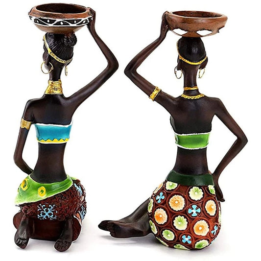 Hand Painted Tribal Women Carrying Basket on Head Candle Holders - Home Decor Gifts and More