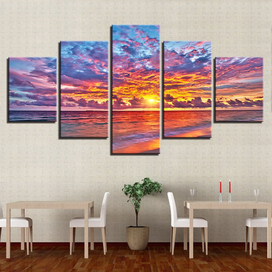 HD 5 Piece Panel Scenic Sunset Glow Clouds Beach Waves Seascape s Wall Art - Home Decor Gifts and More