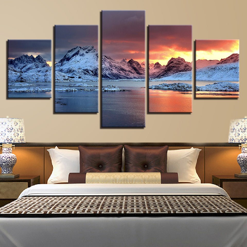 Canvas HD Prints Pictures  Living Room Wall Art Framedwork 5 Piece Panel Scenic Landscape Mural  Iceland Aurora Paintings Snow Mountains s Home Decor - Home Decor Gifts and More