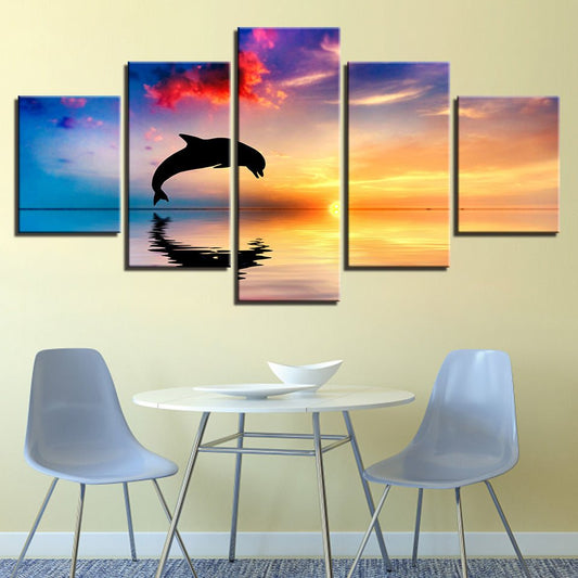 Canvas HD Prints Colorful Dolphins Sunset Abstract Seascape Framed Artwork - Home Decor Gifts and More