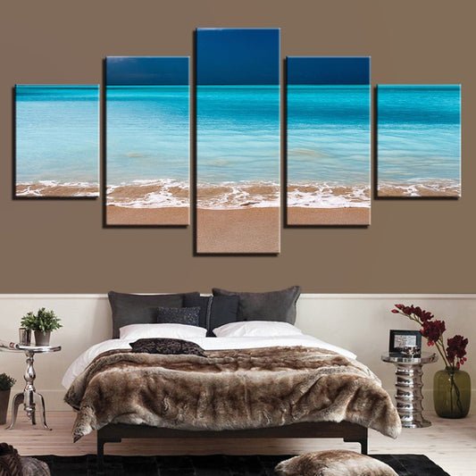 Blue Calm Sea Level Waves Ocean Seascape Framed Panel Wall Art. 5 Piece Coastal Landscape Mural. - Home Decor Gifts and More