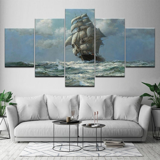 Blue Scenic Vintage Nautical Ship Sailing Ashore Landscape Mural Wall Art Set - Home Decor Gifts and More