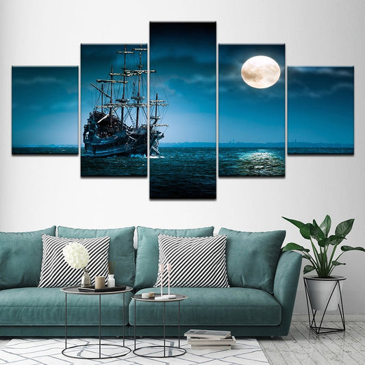 Nautical Ship at Sea Illuminating Full Moon Lighting Blue Sky and Guided Sea Framed Wall Art Set - Home Decor Gifts and More