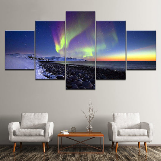 Canvas Painting Snow Mountain Sea and Aurora 5 Piece Panel Scenic Landscape Mural  Wall Art Paintings - Home Decor Gifts and More