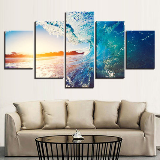 Canvas Blue Wave Scenic Sunset Landscape HD Panel Framework Mural Set - Home Decor Gifts and More