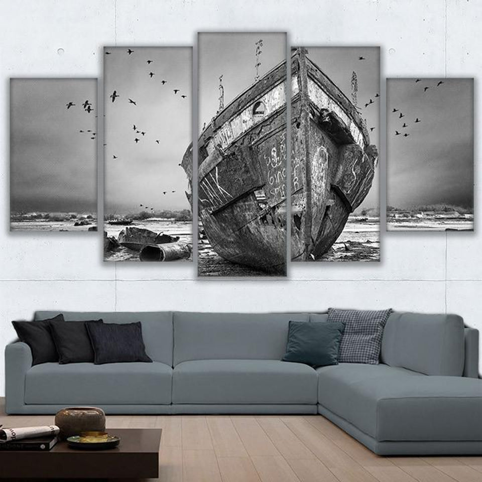 5 Piece Panel Scenic Black and White Vintage Nautical Ship Ashore Coastal Landscape Wall Art | Decor Gifts and More