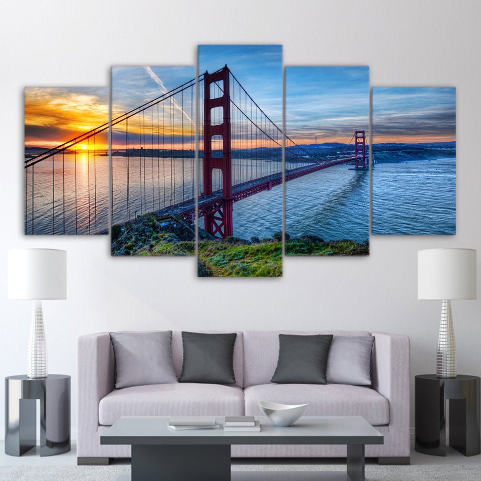 Canvas Painting 5 Piece Panel Scenic Landscape Mural Golden Gate Bridge Sunset Coastal Wall Decor - Home Decor Gifts and More