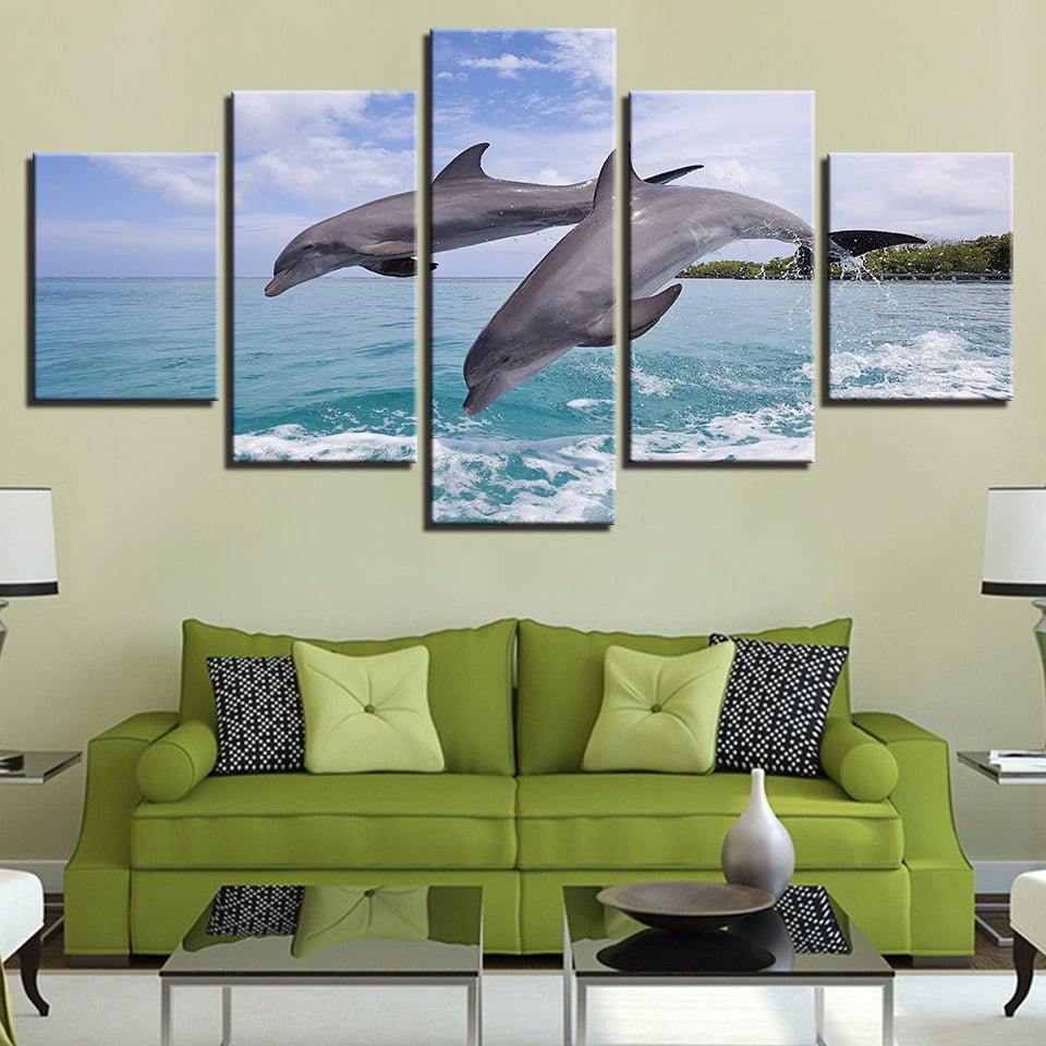 5 Piece Panel Scenic Dolphin Ocean Landscape Frame Art Panel Mural Set | Decor Gifts and More