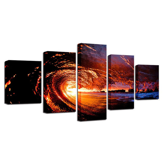 Scenic Equinox Moon Red Sunset Sea Wave Landscape Panel Mural - Home Decor Gifts and More