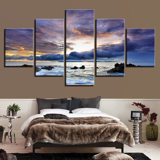 Modern Framed HD 5 Piece Panel Scenic Sunrise Sea Wave White Clouds Seascape Wall Art Set - Home Decor Gifts and More