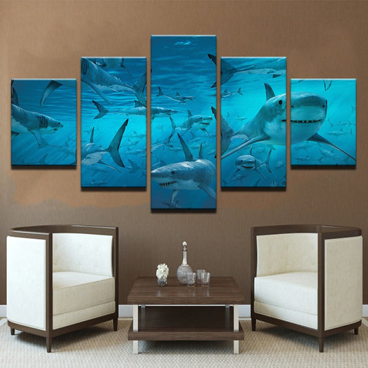 Scenic HD Sea Creature Landscape Deep Blue Sea School of Sharks Framed Canvas Mural Art Set - Home Decor Gifts and More