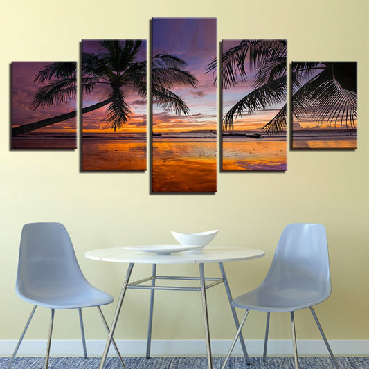 Modern HD 5 Piece Panel Scenic Tropical Palm Tree Sunset Seascape Framed Wall Art - Home Decor Gifts and More