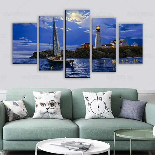 Blue Starry Night Framed Lighthouse Landscape Paintings - Home Decor Gifts and More