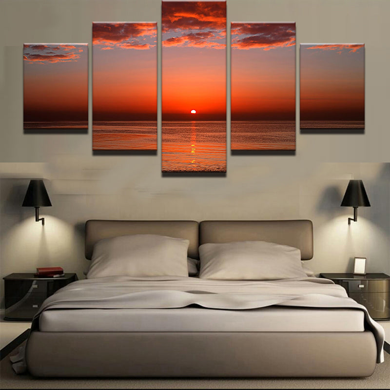 Canvas Wall Art Framed 5 Panel Modern HD Sunset Glow Tinted Red Sky Seascape - Home Decor Gifts and More