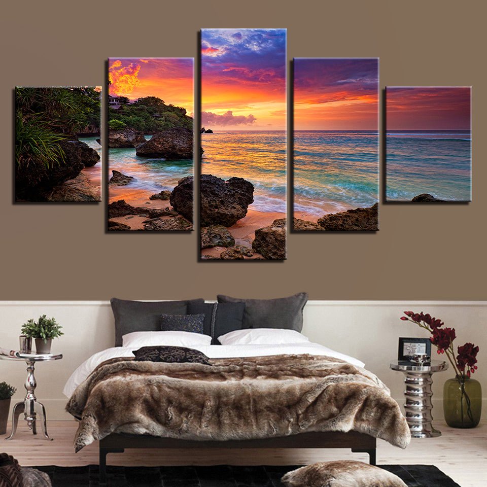 Scenic Mural Glowing Sunset Beach Shore Reflection Coastal Seascape Framed Artwork - Home Decor Gifts and More