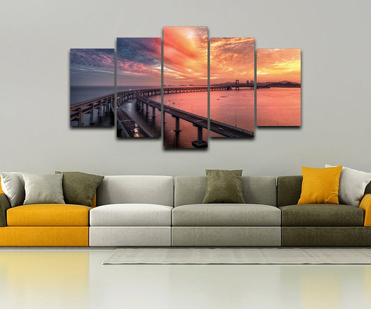 5 Piece Panel Scenic Landscape Mural  Gorgeous Burning Clouds In The Sky Bridge Paintings | Decor Gifts and More