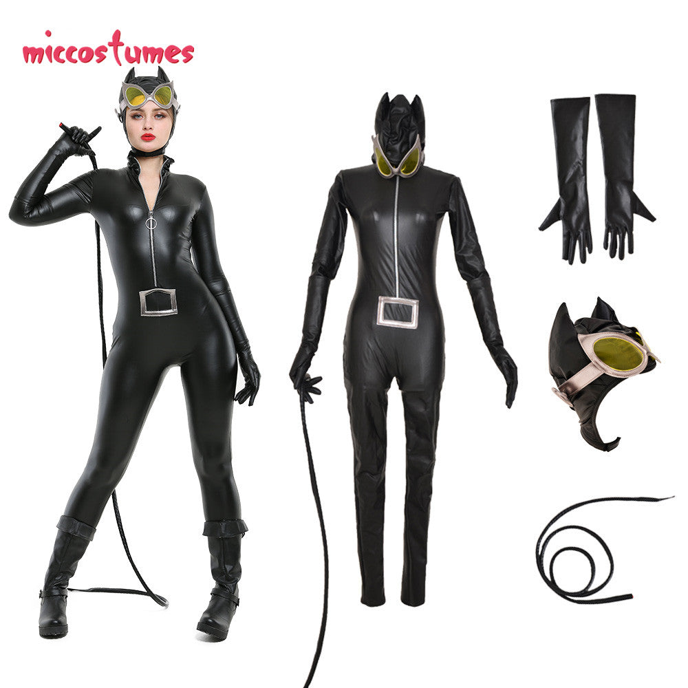 Catwoman Cosplay Black Deluxe Catsuit Jumpsuit Costume + Accessories | Decor Gifts and More