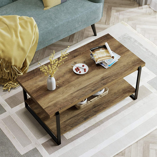 Coffee Table with Metal Frame,2-Tier Tea Table with Storage Shelf,Cocktail Table TV Stand Side End Table, Furniture for Home - Home Decor Gifts and More