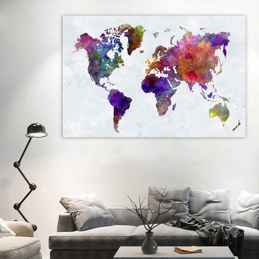 Colorful Vintage World Map Large Modern Giclee Abstract Landscape Framed Wall Art - Home Decor Gifts and More