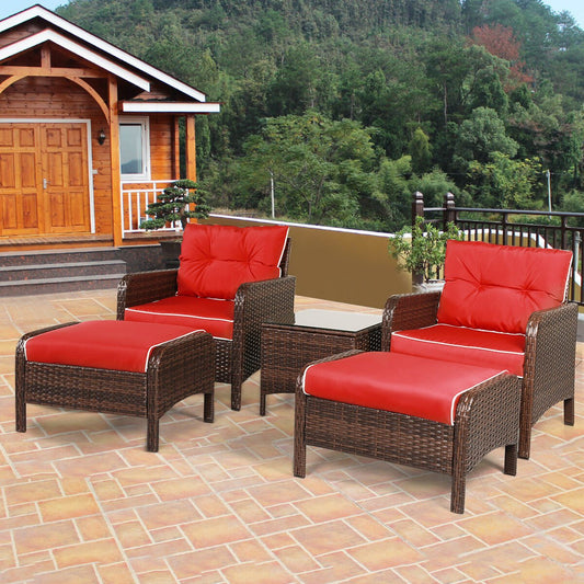 5 PCS Rattan Wicker Garden Furniture Set Ottoman W/Red Cushion | Decor Gifts and More