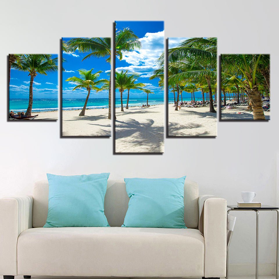 HD Palm Tree Scenic Beach Shore Tropical Seascape Resort Framed Coastal Wall Decor Panel Mural Set - Home Decor Gifts and More
