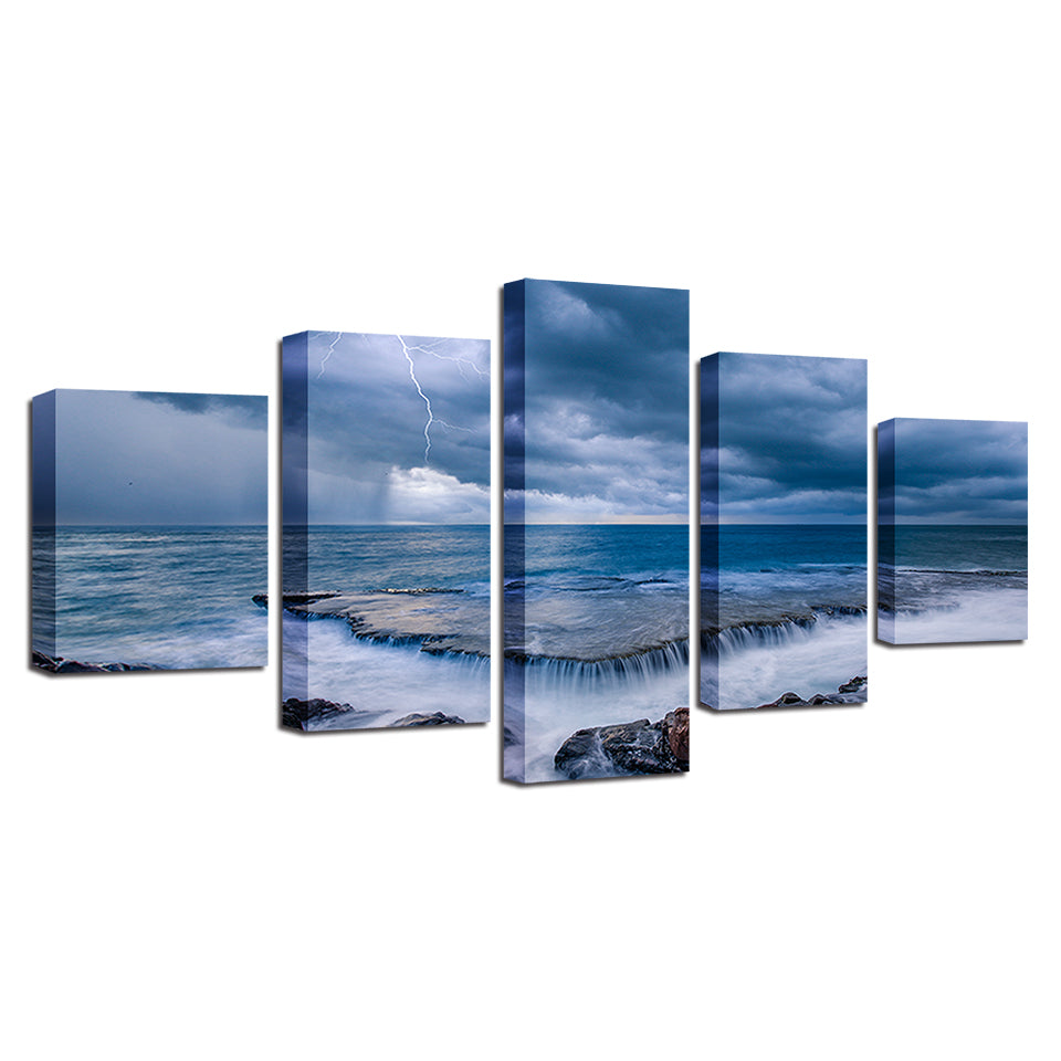 Deep Blue Ocean Abstract Wind Storm Framed Coastal Seascape Wall Art - Home Decor Gifts and More