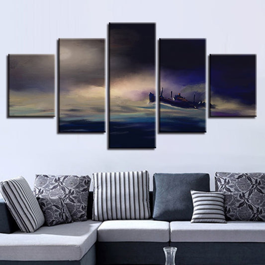 Decor Modern Home Living Room Painting 5 Pieces HD Printing Ship On The Sea Sailing Night Scene Modular Wall Art Canvas Pictures - Home Decor Gifts and More