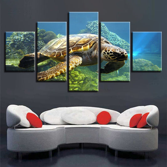 5 Piece Panel Scenic Underwater Tropical Sea Turtle Landscape Mural Painting Framed | Decor Gifts and More