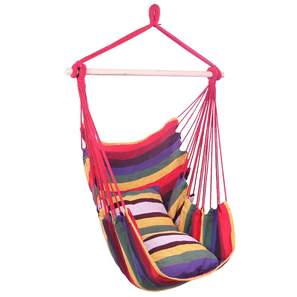 Striped Cotton Canvas Hanging Rope Hammock Swing with Pillows - Home Decor Gifts and More