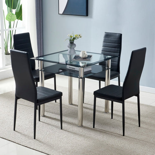 Double-layer Square Tempered Glass Stainless Steel Cylindrical Leg 80*80*75cm Dining Table Set or 4pcs Dining Chairs - Home Decor Gifts and More
